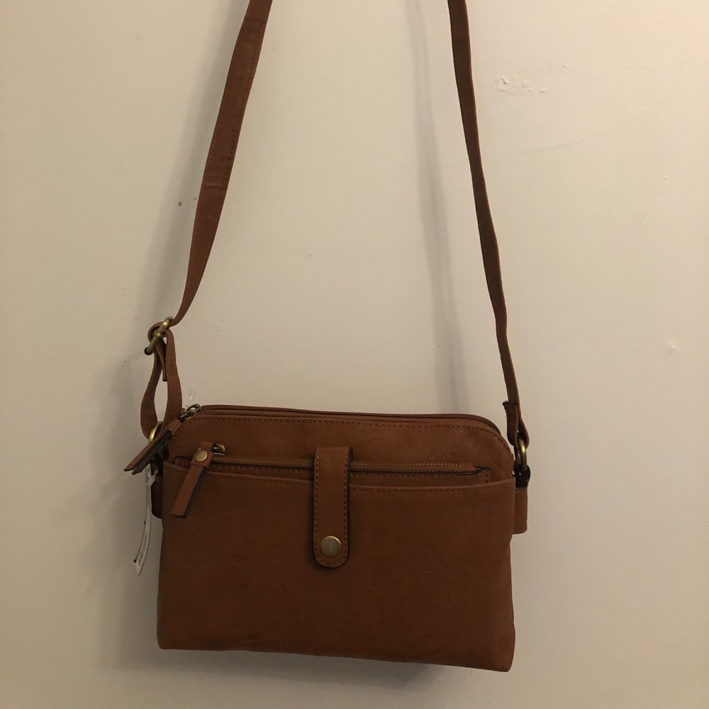 NWT Brown + gold cross-body purse with 3+ pockets!